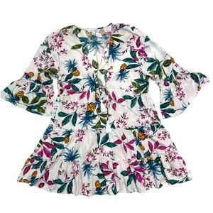 Blue Island Swim Cover Up Dress Beach Pineapples Palm White Ruffled Womens Large